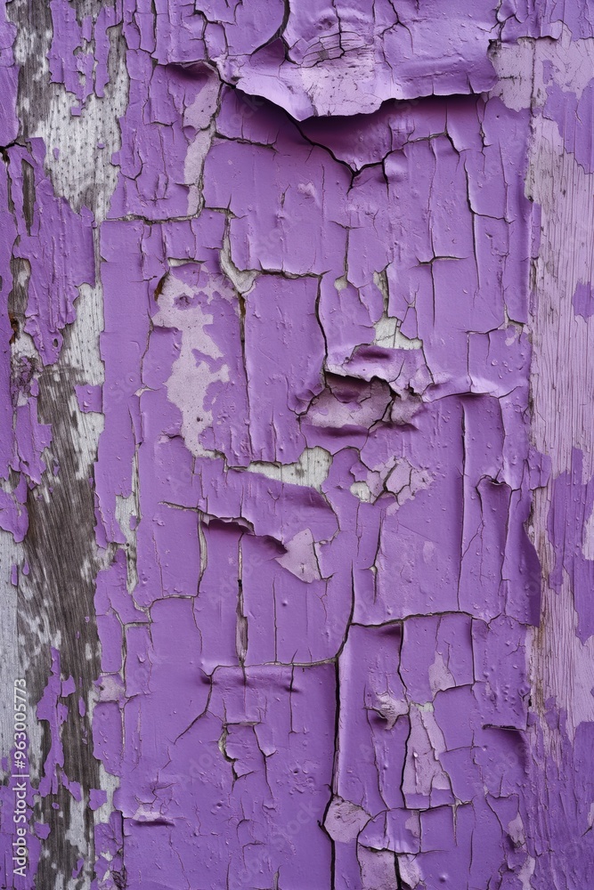 Poster weathered purple paint surface shows peeling layers, rough texture and small holes. close-up view fr