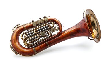 A vintage euphonium with a brown lacquered finish and gold-plated bell, isolated on a white background.