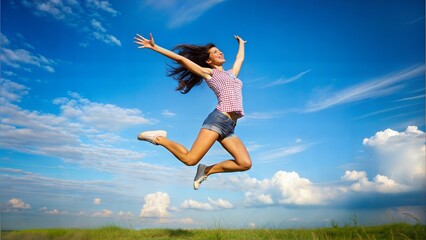 Obraz premium beautiful dark haired happy young woman jumping