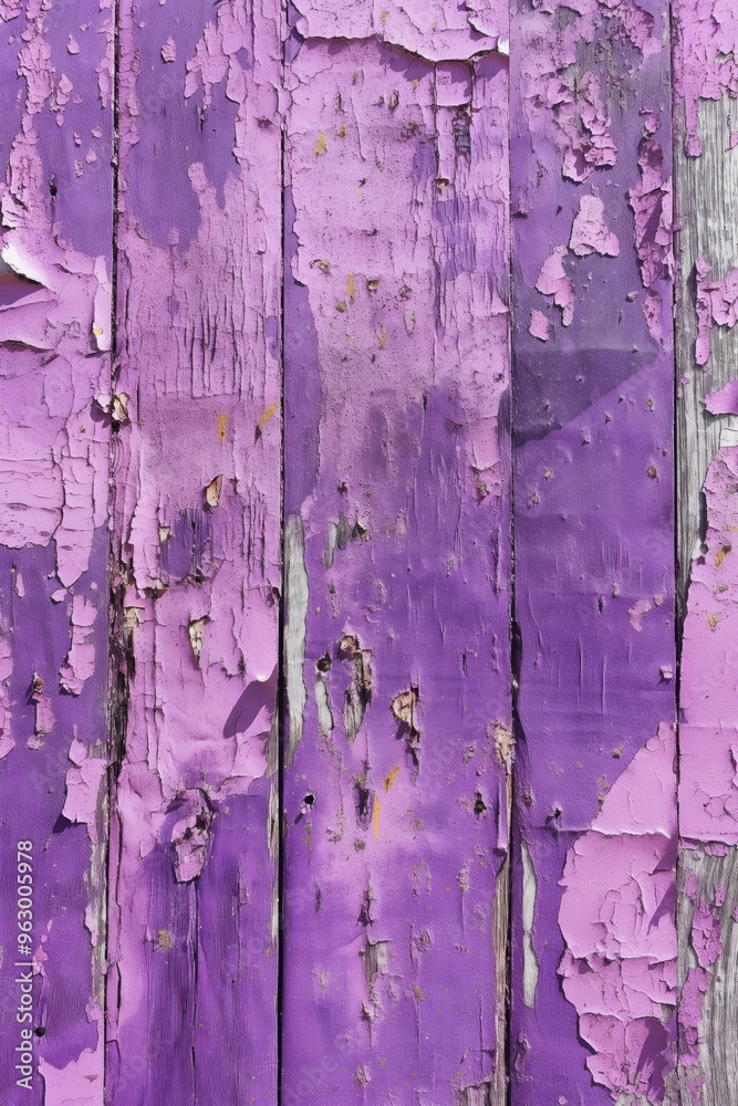 Poster weathered purple paint on old wooden planks. close-up view reveals worn-out surface with peeling pai