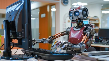 robot working on computer in office operation