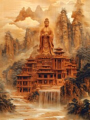 Guan Shiyin Bodhisattva surrounded by golden clouds, with rivers flowing beneath and mountains in the background, depicted in an intricate Gongbi painting.