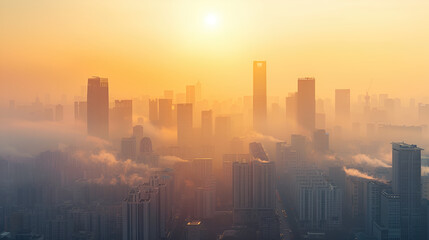 Fototapeta premium An aerial view of a thriving city shrouded in dust and smog.