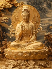 Fototapeta premium Guan Shiyin Bodhisattva, illuminated by a golden halo, surrounded by golden clouds with rivers and mountains intricately drawn in Gongbi style.