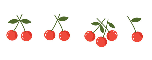 Cherry with green leaves logo set isolated on white background vector. 