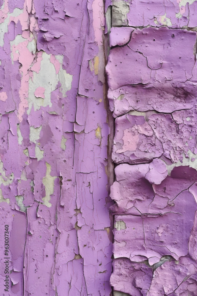Poster weathered purple wall with peeling paint layers. close-up view of aged surface texture. side perspec