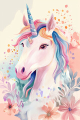 Unicorn portrait with flowers and rainbow, white fantasy horse with a horn, on a dreamy background. Concept: greeting and birthday card for a girl and teenager.