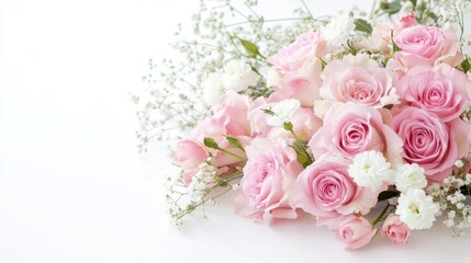 Obraz premium Pink roses, eustoma, and gypsophila flowers delicately arranged in a corner against a clean white background, creating a soft and romantic floral display