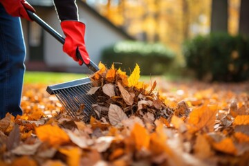 Close-up of a man cleaning gutters. black roof in autumn