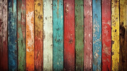 Vintage weathered wooden surface with bold, grungy colors, featuring rustic textures and peeling paint, perfect for creative backgrounds, retro-inspired designs, or artistic photography backdrops.