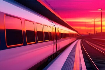 Train station at dawn, bathed in soft pink light, with trains ready to depart, train station dawn, early morning commute