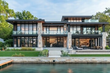 Fototapeta premium Modern lakeside home with expansive glass and stone design.