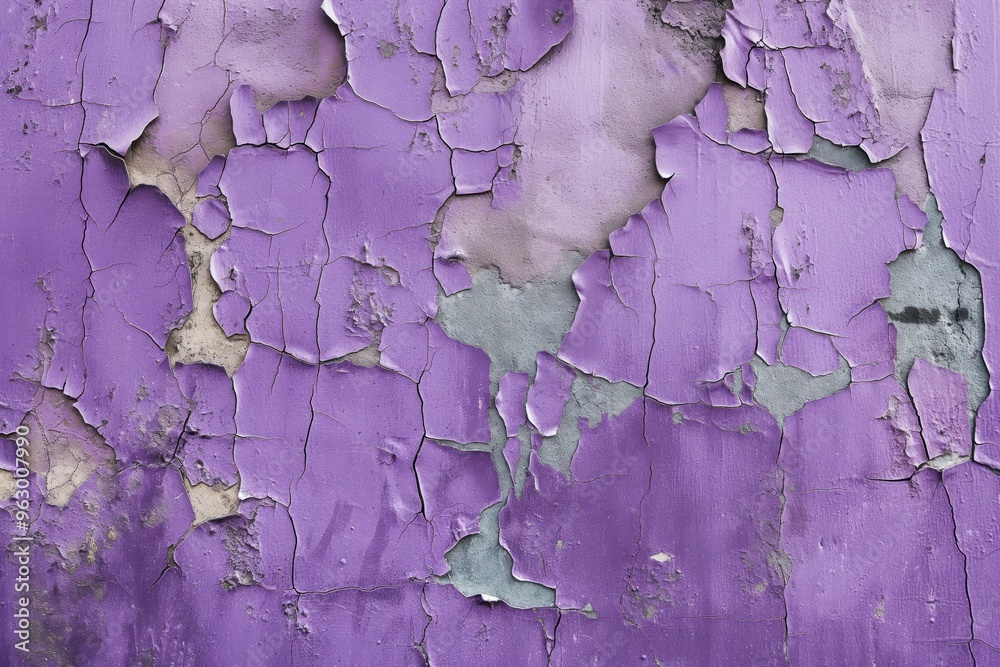 Poster damaged purple wall with cracks and peeling paint. close-up view of rough textured surface. purple a