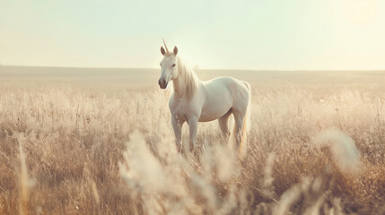 Unicorn standing in the field, portrait, white fantasy horse with a horn, on a dreamy background.