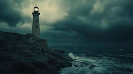 Naklejka premium A lighthouse tower standing tall on a rugged coastline, with its beacon illuminating the dark, stormy sea and guiding ships safely.
