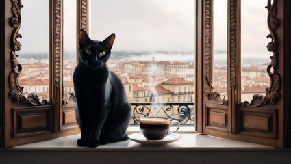 A black cat relaxes on a windowsill with a warm cup of coffee in a cozy urban setting