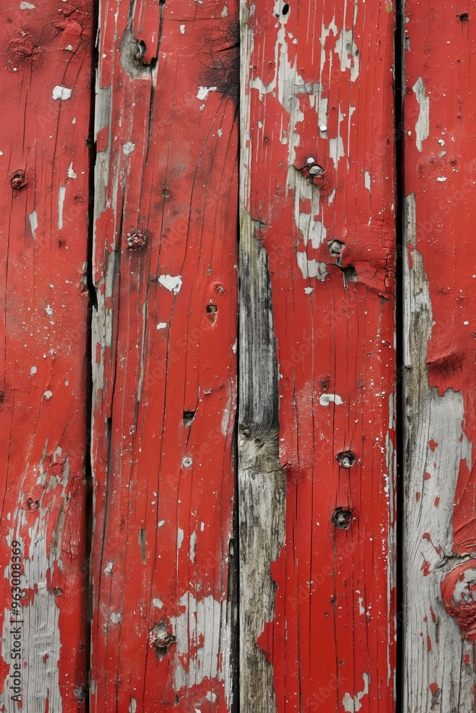 Leinwandbilder weathered wooden planks with red-brown hue show peeling paint revealing layers. close-up view of ver