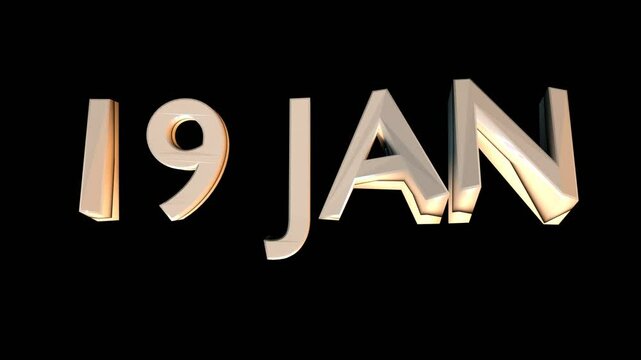 19 Jan animation for calendar concept isolated on black background