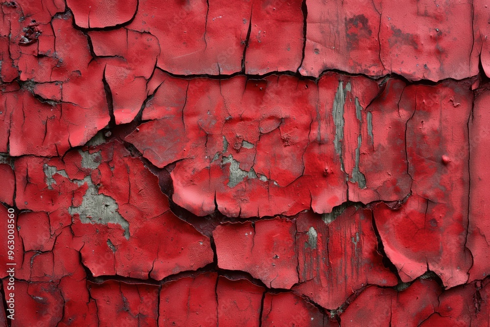 Poster Old red weathered paint surface with cracks and chips. Close-up view of damaged paint on wall or building exterior. Faded color mix of red and gray. Blurred background emphasizes worn-out condition.