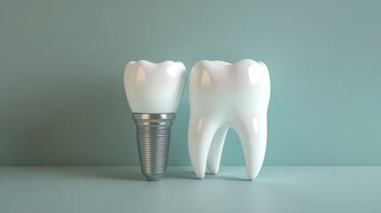 Detailed 3D model of white teeth and a dental implant, isolated against a clean background for a clinical, professional presentation.