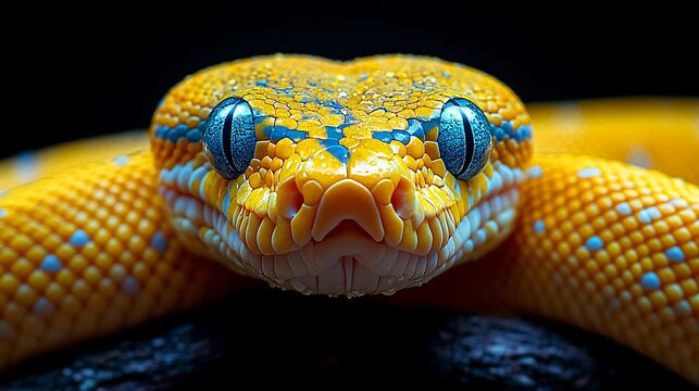 Close-up of a yellow and blue snake with a black background.