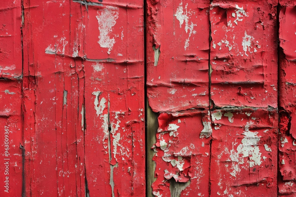 Poster weathered wooden surface with reddish-brown hue, peeling paint underlying layers. vertical planks wi