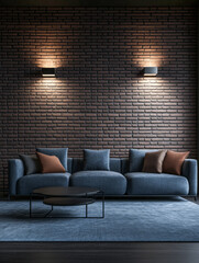 Urban loft living room with dark industrial design and cozy lighting. Contemporary Interior design composition