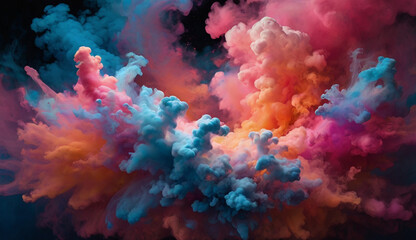 Vibrant clouds of colorful smoke in pink, blue, orange, and purple swirl and mix together against a dark background, creating a dynamic and dreamlike effect.