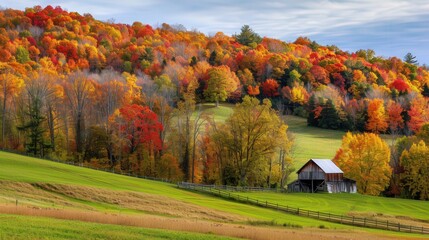 A picturesque autumn landscape features a rolling hillside covered in vibrant fall foliage,