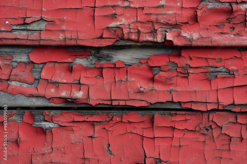 Aufkleber weathered wooden surface with peeling red paint, revealing aged wood. close-up view of distressed te