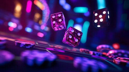 Casino dice and poker chips flying on a gambling table in neon lights