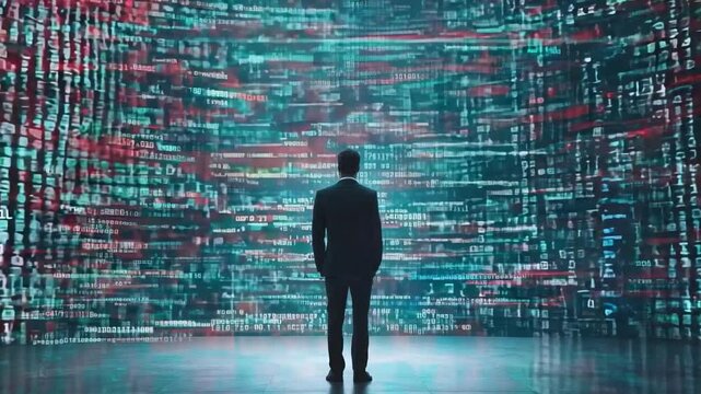 Businessman observes a dynamic digital display filled with colorful, flowing data patterns and binary code in a sleek, tech-focused environment