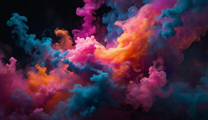 Fototapeta premium Vibrant clouds of colorful smoke in pink, blue, orange, and purple swirl and mix together against a dark background, creating a dynamic and dreamlike effect.