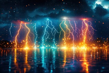 Dramatic display of colorful lightning bolts reflecting on water surface