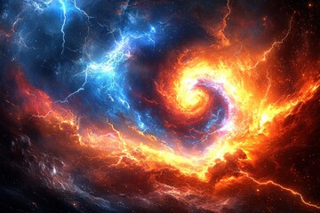 Dramatic cosmic storm with swirling fiery vortex and lightning strikes in a turbulent sky
