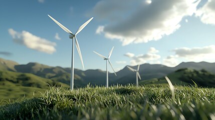 Wind turbines on a rolling green hill, clear blue sky, 3D illustration