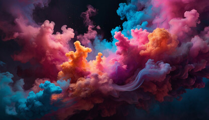 Vibrant clouds of colorful smoke in pink, blue, orange, and purple swirl and mix together against a dark background, creating a dynamic and dreamlike effect.