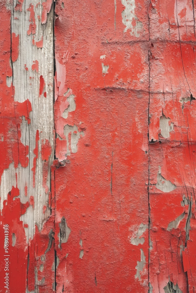 Aufkleber Weathered red paint surface with peeling white gray layers. Close-up view of aged wooden texture adding depth history scene. Elevated angle provides comprehensive look at worn wood.