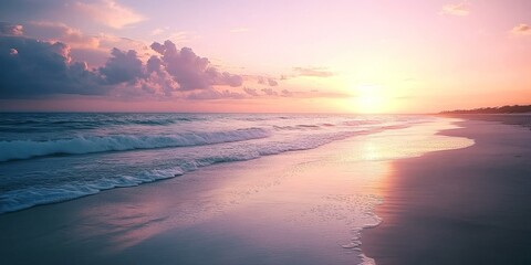 Fototapeta premium Pink sunset over calm ocean waves.