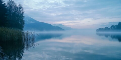 Fototapeta premium A serene lake with mist and mountains.