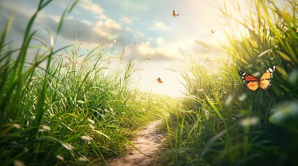 A picturesque nature path leading through a tranquil meadow, with tall grass swaying in the breeze and butterflies fluttering around.