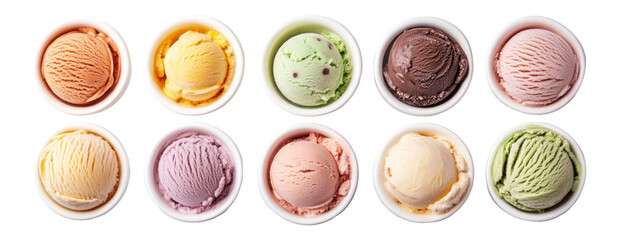 Ten white bowls with scoops of different flavored ice cream