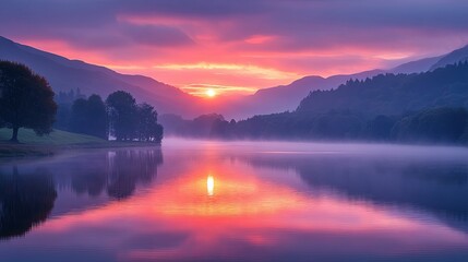 Misty Morning Sunrise Over a Tranquil Lake Surrounded by Mountains