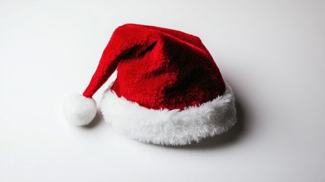 Traditional Santa hat resting neatly on a clean white background, showcasing the classic holiday symbol.