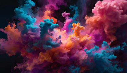 Vibrant clouds of colorful smoke in pink, blue, orange, and purple swirl and mix together against a dark background, creating a dynamic and dreamlike effect.