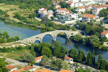 Aerial view of the Arslanagic Bridge in Trebinje (Bosnia and Herzegovina). The ancient Ottoman...