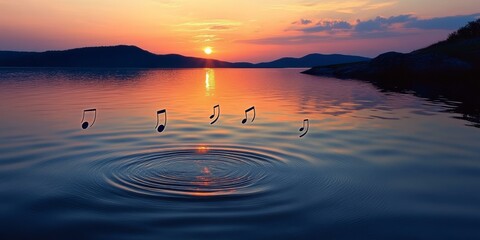 Sunset music notes reflected in water.