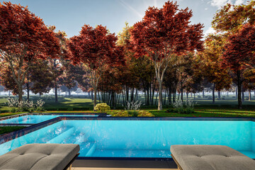 3d rendering of modern two story house with gray and wood accents, large windows, parking space in the right side of the building, surrounded by trees and bushes, daylight in autumn day
