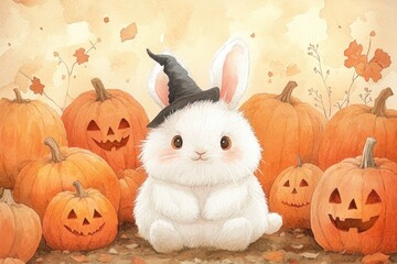 funny cute bunny wearing wizard hat sits near Halloween pumpkin, adorable harvest illustration