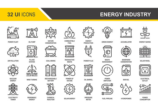 Vector set of energy industry flat line web icons. Each icon with adjustable strokes neatly designed on pixel perfect 48X48 size grid. Fully editable and easy to use.